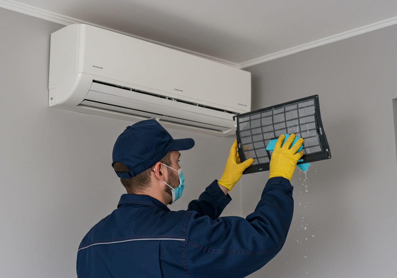 Técnico profissional limpando filtro de ar-condicionado