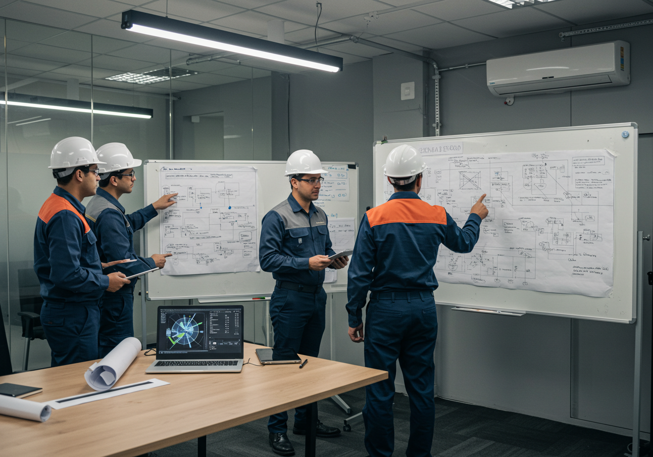 Equipe técnica planejando projetos de climatização corporativa
